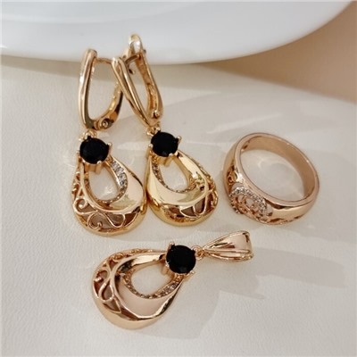 Комплект ювелирной бижутерии коллекция "Дубай" серьги, кулон и кольцо 18 р, покрытие позолота, вставка: фианиты и цирконы, цвет: черный и прозрачный, арт.217.483-18