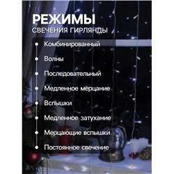 Гирлянда «Занавес» 2×3 м, IP20, прозрачная нить, 720 LED, свечение белое, 8 режимов, 220 В