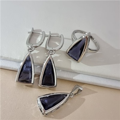 Комплект ювелирной бижутерии коллекция "Дубай" серьги, кулон и кольцо 17 р, покрытие посеребрение, вставка: стекло, цвет: фиолетовый, арт.313.442-17