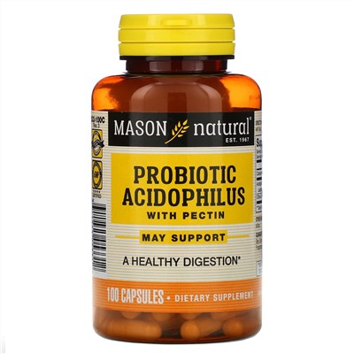 Mason Natural, пробиотик с ацидофильными лактобактериями Acidophilus с пектином, 100 капсул