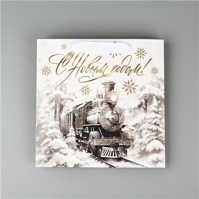 Пакет подарочный новогодний ламинированный квадратный «Новогодний поезд», 22×22×11 см