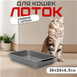 Туалет для кошек, 36×26×6.5 с, средний, с сеткой, перламутровый, серебро