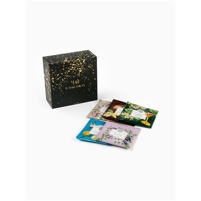 Подарочный новогодний набор «С новым годом, черно-золотой»: чай чёрный/зелёный, кофе натуральный жареный молотый, печенье с предсказанием, драже, арахис в шоколадной глазури