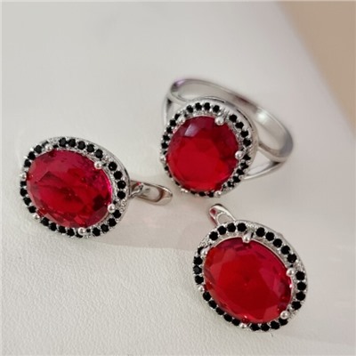 Комплект ювелирной бижутерии коллекция "Дубай" серьги и кольцо 17 р покрытие посеребрение, вставка: стекло и цирконы, цвет: красный и черный, арт.215.609-17