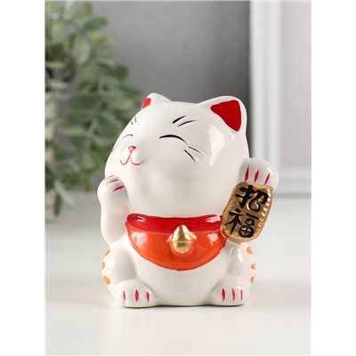 Копилка для денег «Манэки-нэко - иероглиф удача», керамика, оранж, 7.2×8.3×10 см