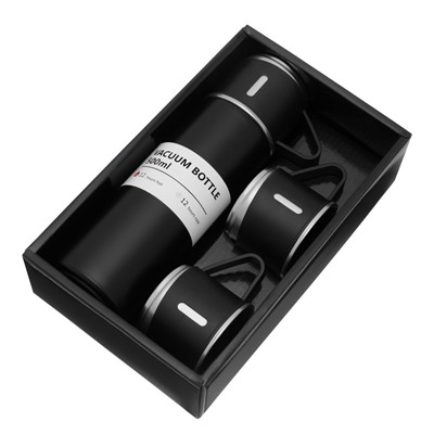 Набор «Мастер К», термос 500 мл и 3 кружки 160 мл, сохраняет тепло 12 ч, нержавеющая сталь, чёрный