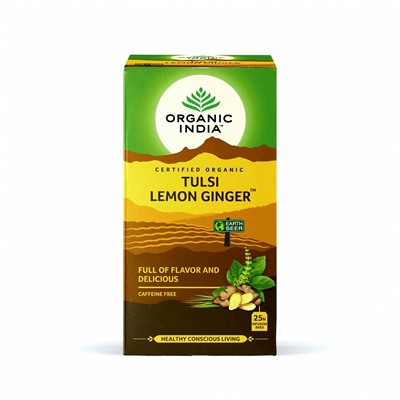 Organic India Tulsi Lemon Ginger 25 bags / Напиток на Основе Листьев Священным Базиликои с Имбирём и Лимоном. (25 Чайные пакетики)