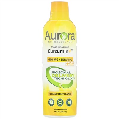 Aurora Nutrascience, Mega-Liposomal Curcumin+, мега липосомальный куркумин, со вкусом органических фруктов, 600 мг, 480 мл (16 жидк. унций)