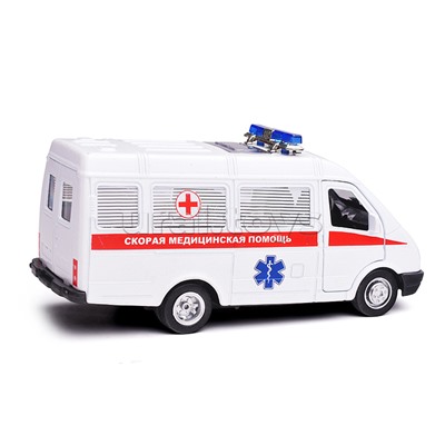 Машина металл ГАЗ -3221 "Газель" Скорая 12,2 см, (двери) инерц, в коробке