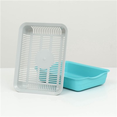 Туалет для кошек, 34.5×25.5×7.5 с, с сеткой, пластик, серый, бирюзовый