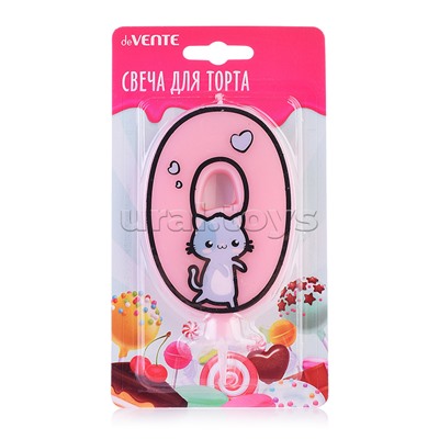 Свеча-цифра для торта "Котик" 0, размер свечки 9,1x6,6x1 см, с рисунком, розовая, в картонном блистере
