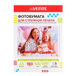 Фотобумага для струйной печати A5 (21х14,8 см), 100 л, 180 г/м², глянцевая односторонняя