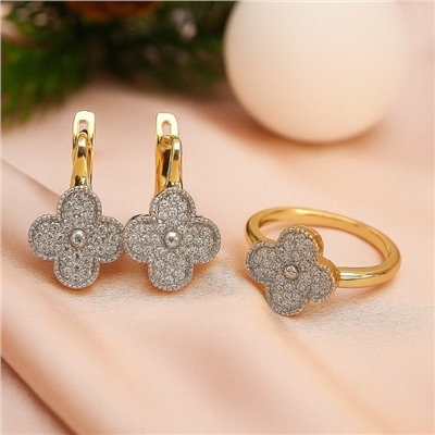 Комплект ювелирной бижутерии Итальянское золото (покрытие желтое 14к) серьги и кольцо 18 р, вставка: фианиты, цвет: прозрачный, арт.217.392-18