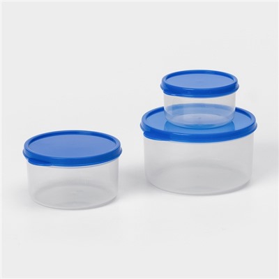 Набор контейнеров для хранения еды Доляна, 3 шт. 150 мл, 300 мл, 500 мл, прозрачные, крышка синяя