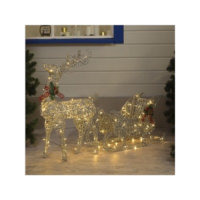 Светодиодная фигура «Олень с санями серебристый», олень: 50×85×18 см, сани: 70×43×22 см, металл, 220 В, свечение тёплое белое
