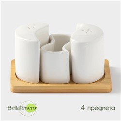 Набор керамический для специй на деревянной подставке BellaTenero, 3 предмета: солонка 70 мл, перечница 70 мл, салфетница, белый