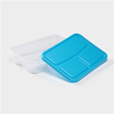 Ланч - бокс для еды, 3 отделения, 200/400 мл, 21×14.5×5.5 см, пластик, прямоугольный, голубой