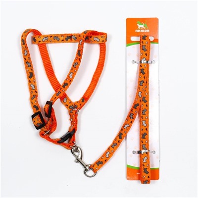 Комплект «Собачки», ширина 1 см, поводок 1.2 м, шлейка 23-35 см, оранжевый
