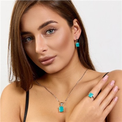 Комплект ювелирной бижутерии коллекция "Дубай" серьги, кулон и кольцо 18 р покрытие посеребрение, вставка: стекло, цвет: тиффани матовый, арт.215.587-18