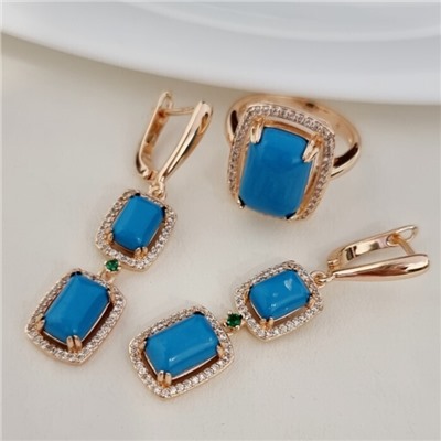 Комплект ювелирной бижутерии коллекция "Дубай" серьги и кольцо 20 р, покрытие позолота, вставка: фианиты и искусственный камень, цвет: бирюзовый и прозрачный, арт.313.165-20