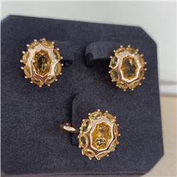 Комплект ювелирной бижутерии коллекция "Дубай" серьги и кольцо 17 р, покрытие позолота, вставка: стекло, цвет: желтый, арт.215.568-17