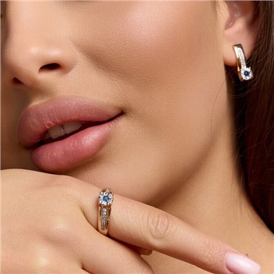 Комплект ювелирной бижутерии коллекция "Дубай" серьги и кольцо 18 р, покрытие позолота, вставка: фианиты и цирконы, цвет: синий и прозрачный, арт.215.693-18