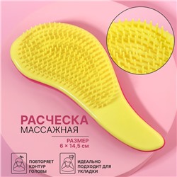 Расчёска массажная, 6 × 14,5 см, PVC коробка, цвет розовый/жёлтый