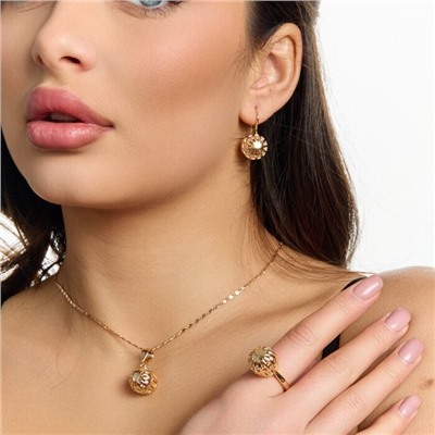 Комплект ювелирной бижутерии коллекция "Дубай" серьги, кулон и кольцо 19 р, покрытие позолота, вставка: цирконы, цвет: прозрачный, арт.217.529-19
