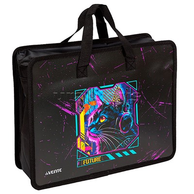 Папка для тетрадей, ИЗО и технологии "Label. Cyber Cat" A4 (33,5x26x10 см) с текстильным расширением 10 см, на молнии сверху, пластик 400 мкм, текстильные ручки, в пластиковом пакете