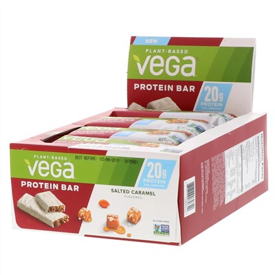 Vega, Протеиновый бар, соленая карамель, 12 батончиков, 2,5 унции (70 г)