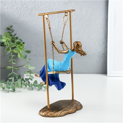 Фигурка полистоун «Девушка в небесно-голубом платье на качелях», бронза, 16×11×26 см