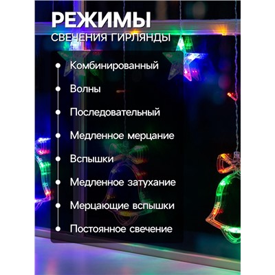 Гирлянда «Бахрома» 2.4×0.9 м с насадками «Колокольчики», IP20, прозрачная нить, 138 LED, свечение мульти, 8 режимов, 220 В