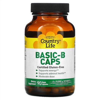 Country Life, Basic-B Caps, смесь витаминов группы В, 90 вегетарианских капсул