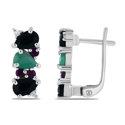 Серьги из серебра изумруд берилл, рубин корунд, сапфир корунд, Идель