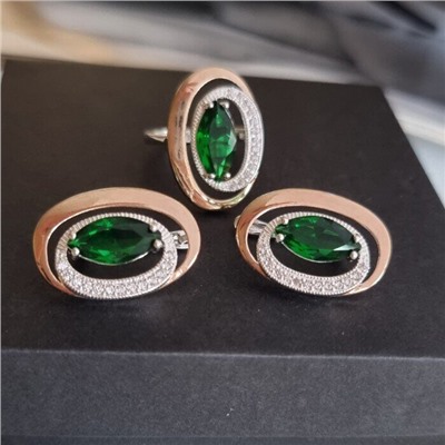 Комплект ювелирной бижутерии коллекция "Дубай",серьги и кольцо посеребрение с позолотой, вставка: камень зеленый, р-р 17, 09809, арт.216.378-17