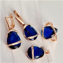 Комплект ювелирная бижутерия коллекция  "Дубай" серьги, кулон и кольцо 18 р, покрытие: позолота, вставка: фианит, цвет: синий, арт.313.058-18