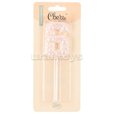 Свеча Цифра, 6 Воздушный жемчуг, на шпажке, Нежно-розовый, Перламутр, 6 см, 1 шт. с держателем