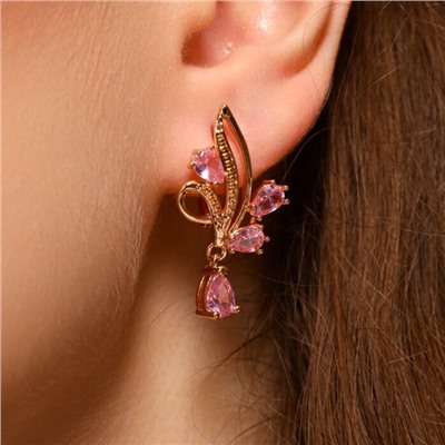 Серьги цветы ювелирная бижутерия коллекция "Дубай" позолота, вставка: фианиты, цвет: розовый, арт.314.334