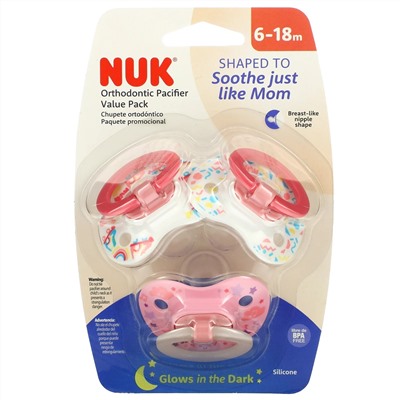 NUK, Orthodontic Pacifier Value Pack, 6-18 Months, Girl, 3 Pack