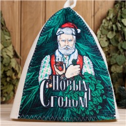 Шапка для бани и сауны, с принтом «С новым годом! Дед Мороз с веником и бокалом », полиэфир 70%, шерсть 30%, «Банная забава»