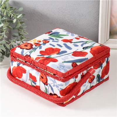 Шкатулка для рукоделия и шитья «Летние цветы на белом», хранение ниток, иголок, мелочи, 20×20×11 см