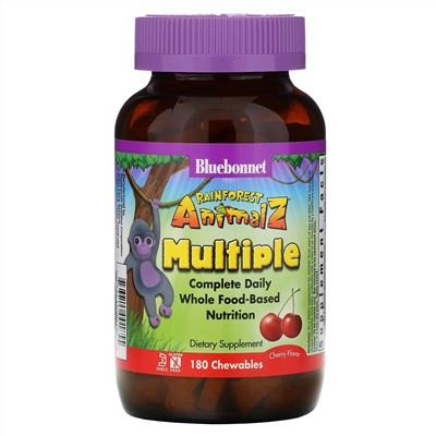 Bluebonnet Nutrition, Rainforest Animalz, препарат полного спектра для ежедневного приема, мультивитамин со вкусом вишни, 180 жевательных таблеток