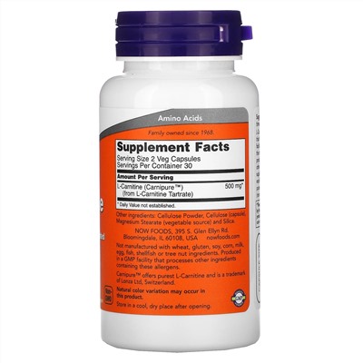 Now Foods, L-карнитин, 250 мг, 60 растительных капсул