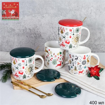 Кружка новогодняя с крышкой, ложка /400 мл/ HB-258 /уп 60/