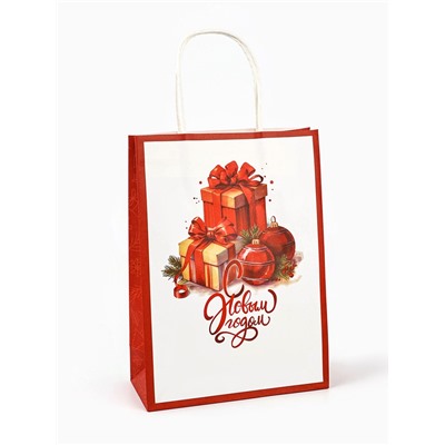 Пакет бумажный подарочный новогодний крафт «Подарки» 18×8×25 см
