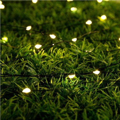 Гирлянда «Нить», 10 м, роса, IP44, 100 LED, 2 режима, солнечная батарея, серебристая нить, свечение тёплое белое