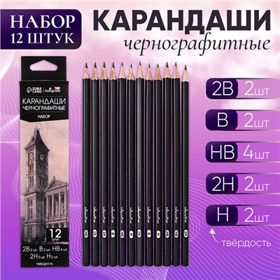 Набор карандашей чернографитных 12 штук (2шт-2В, 2шт-В, 4шт-НВ, 2шт-Н, 2шт-2Н)