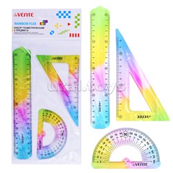 Набор геометрический "Rainbow Flex" малый, 3 предмета (линейка 20 см, угольник 30°/60°/90°, транспортир) полупрозрачный радужный, в пластиковом блистере