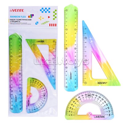 Набор геометрический "Rainbow Flex" малый, 3 предмета (линейка 20 см, угольник 30°/60°/90°, транспортир) полупрозрачный радужный, в пластиковом блистере