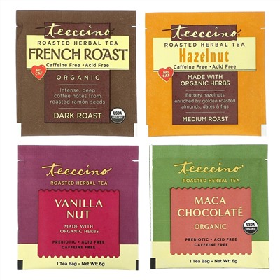 Teeccino, Roasted Herbal Tea Sampler, 4 Flavors, Caffeine Free, 12 Tea Bags, 2.54 oz (72 g)